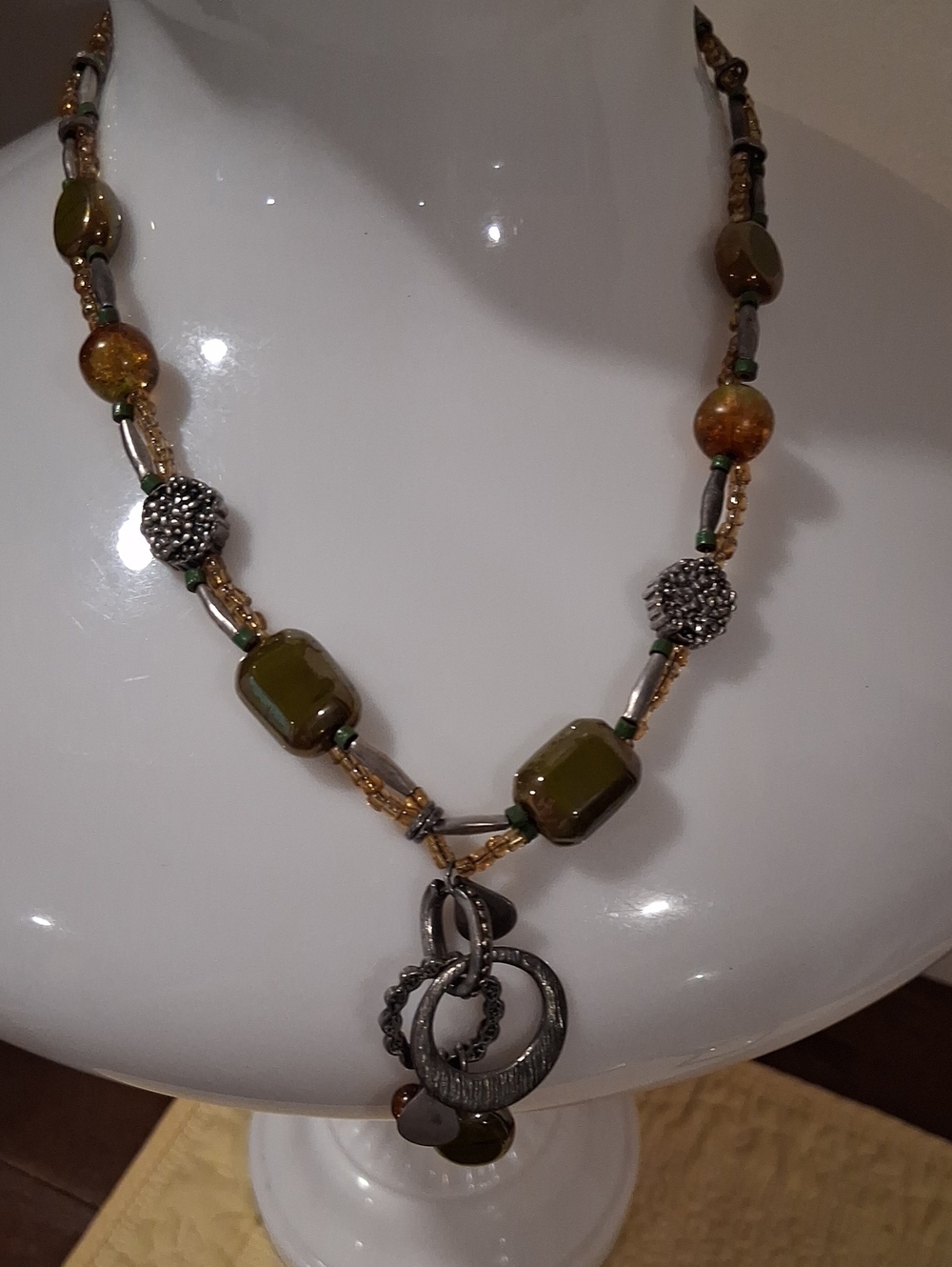 Olive Green Glass Bead Pendant Necklace CHICOS
